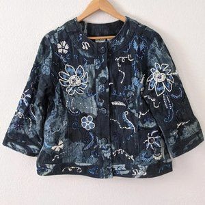 Chico's Collarless Beaded & Embroidered Denim Jacket, Blue / White